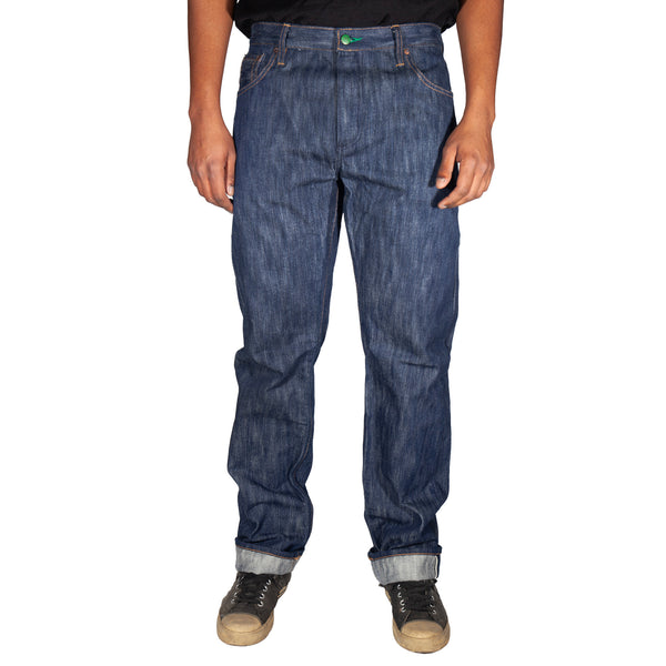 Person wearing blue jeans on a white background