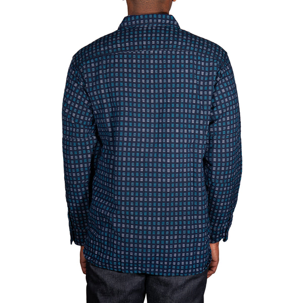 Person wearing a blue checkered shirt on a white background