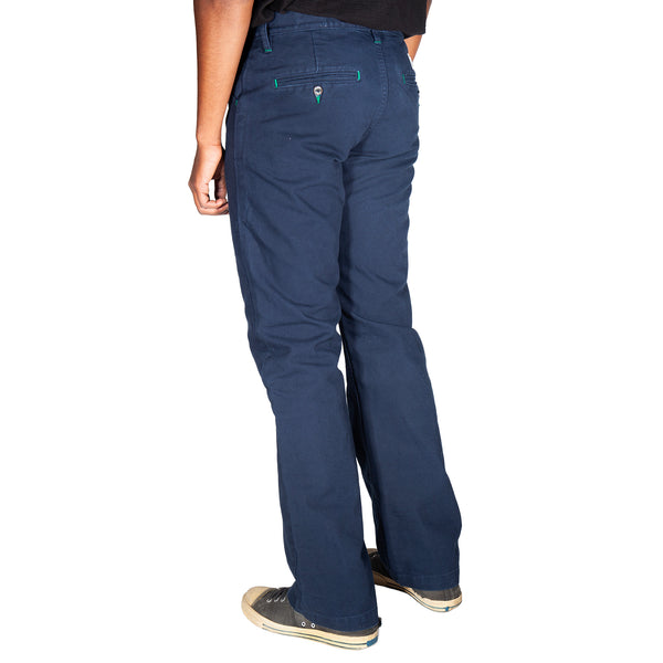 Navy blue pants worn by a person on a white background