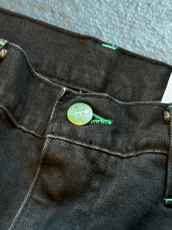 black duck double knee tack button with green stitching