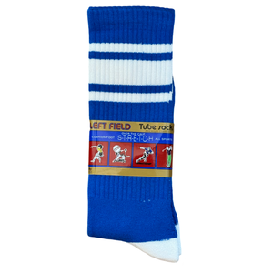A pair of blue and white striped socks with a label showing the brand name and the words 'Tube sock'.