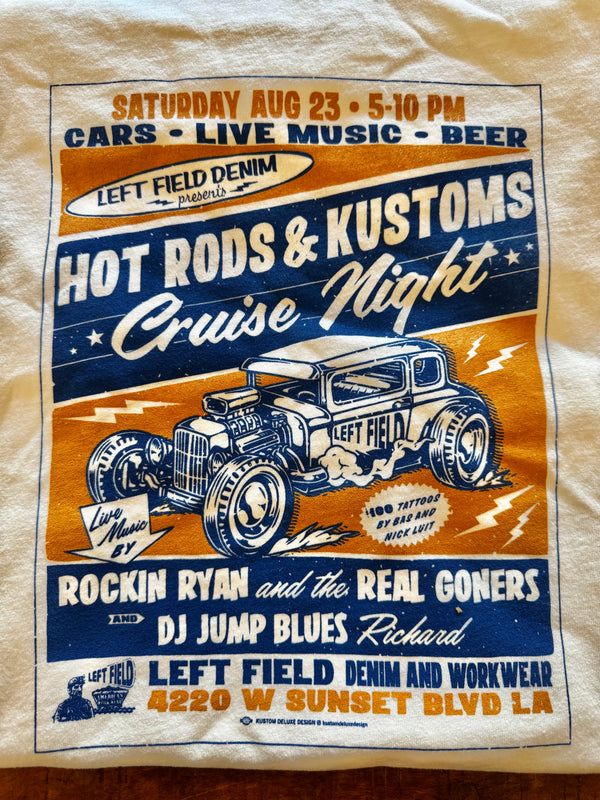 Promotional design for Hot Rods & Kustoms Cruise Night with vintage car illustration.