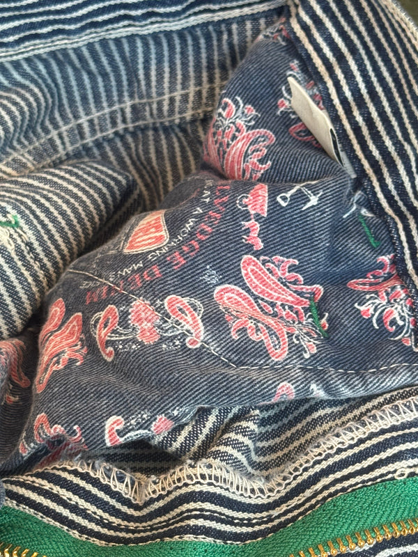 Close-up of patterned fabric with paisley pocketing design on a textured background
