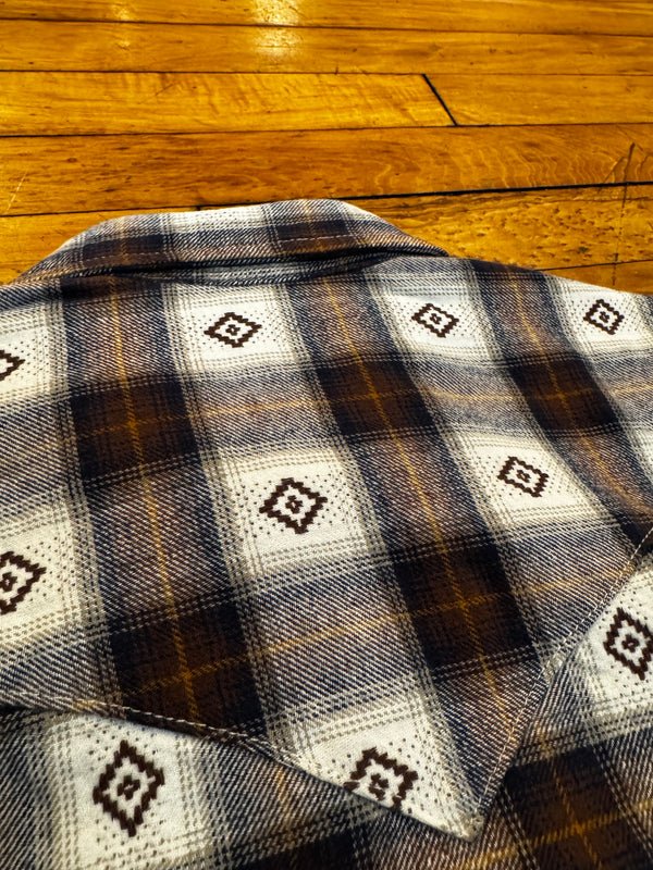 Plaid blanket with geometric patterns on a wooden floor