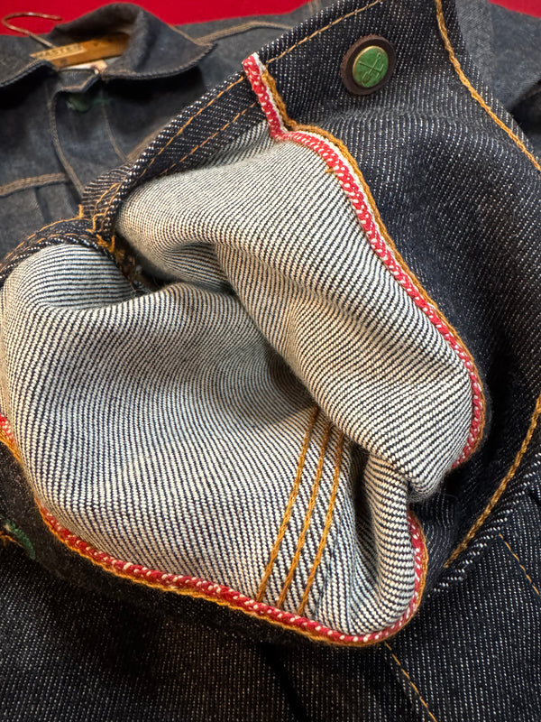 Close-up of denim fabric with red stitching on a red background