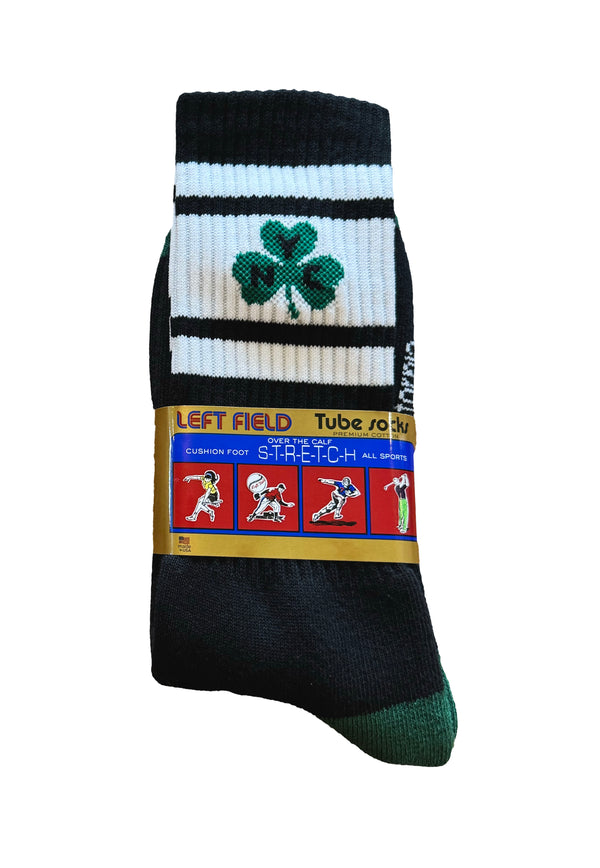 A pair of black and white striped bamboo tube socks with a green shamrock and baseball graphics, labeled 'LEFT FIELD' and 'Tube Socks'.