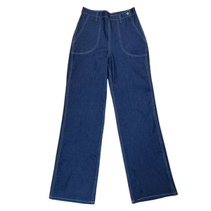 A pair of women's high-rise wide-leg raw denim jeans with visible front pockets and a button fly closure.