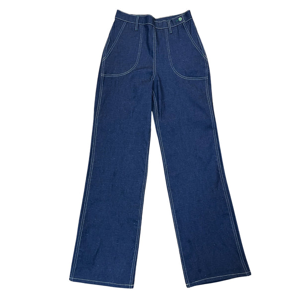 A pair of women's high-rise wide-leg raw denim jeans with visible front pockets and a button fly closure.