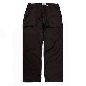 A pair of black chino trousers with front and back patch pockets, displayed against a plain background.