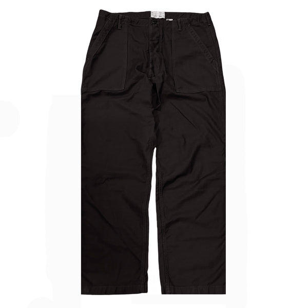 A pair of black chino trousers with front and back patch pockets, displayed against a plain background.