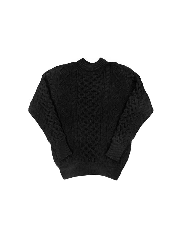 Black sweater with a textured pattern on a white background