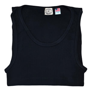 Black tank top with a brand label on a white background