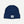 Blue knit beanie with a label on a light gray background