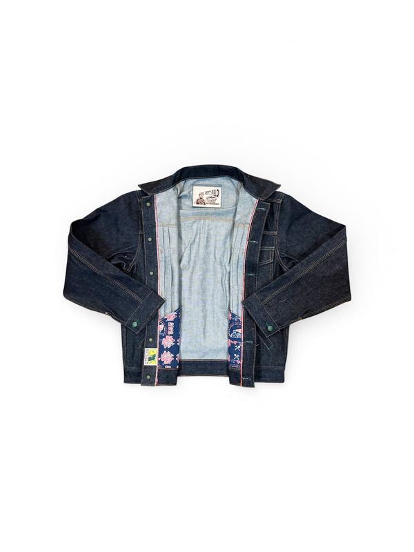 Denim jacket with floral lining on a white background
