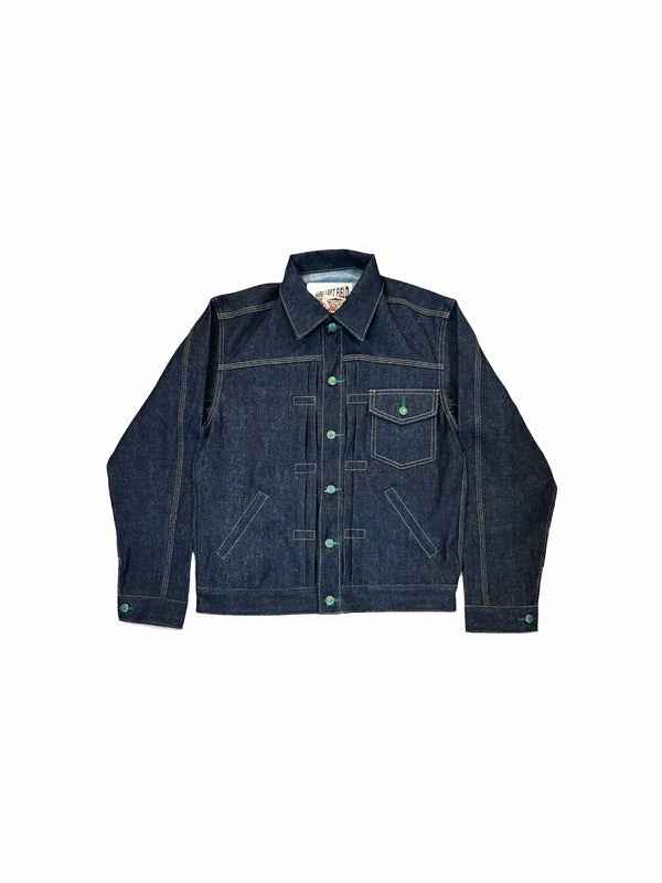 Blue denim jacket on a white background