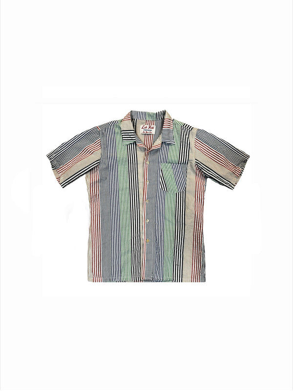 A short-sleeve button-up shirt with vertical stripes in blue, green, red, and beige, laid flat against a white background.