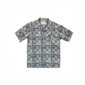 A short-sleeve button-up shirt with a multicolor plaid pattern in shades of blue, brown, beige, and white, laid flat against a white background.
