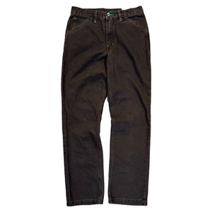 Pair of brown chino trousers with pockets and a zipper fly.