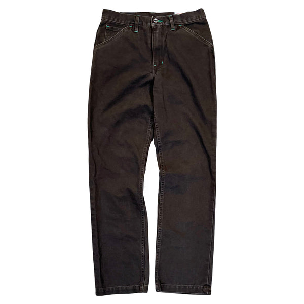 Pair of brown chino trousers with pockets and a zipper fly.