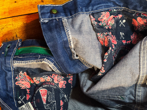 Close-up of denim fabric with intricate patterns on a wooden surface