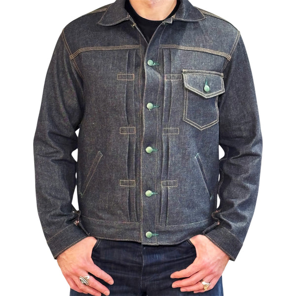 Denim jacket with green buttons on a white background