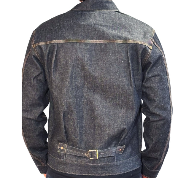 Back view of a dark blue denim jacket on a white background