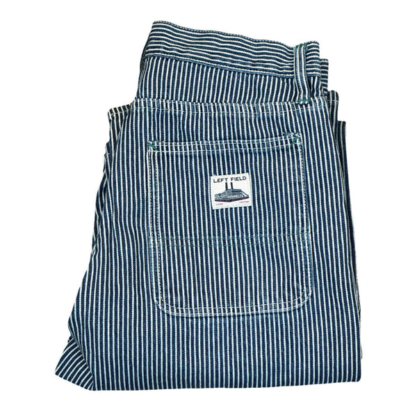 Folded hickory stripe brand label on a white background