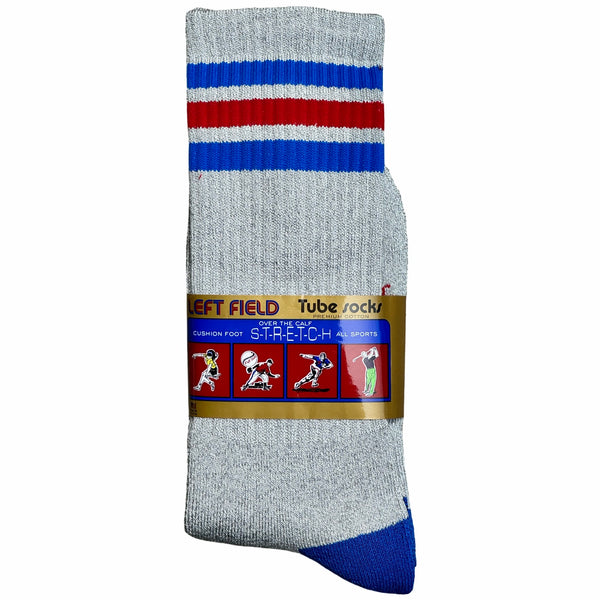 A pair of grey striped bamboo tube socks with blue and red accents, displayed with the brand label 'Left Field' visible.