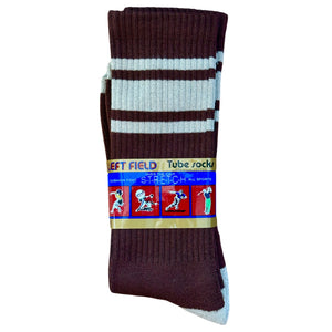A pair of striped bamboo tube socks in brown and white, with the brand label 'LEFT FIELD' visible.