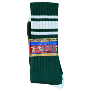 A pair of green and white striped bamboo tube socks with the brand label 'Left Field NYC' displayed at the top.