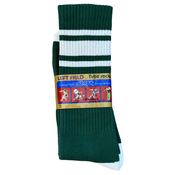 A pair of green and white striped bamboo tube socks with the brand label 'Left Field NYC' displayed at the top.