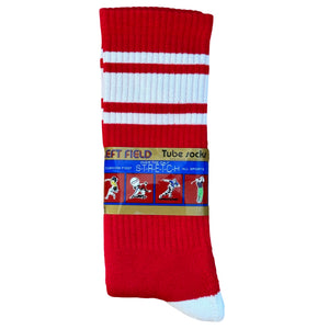 A pair of red and white striped bamboo tube socks with the brand label 'Left Field Stretch' visible.