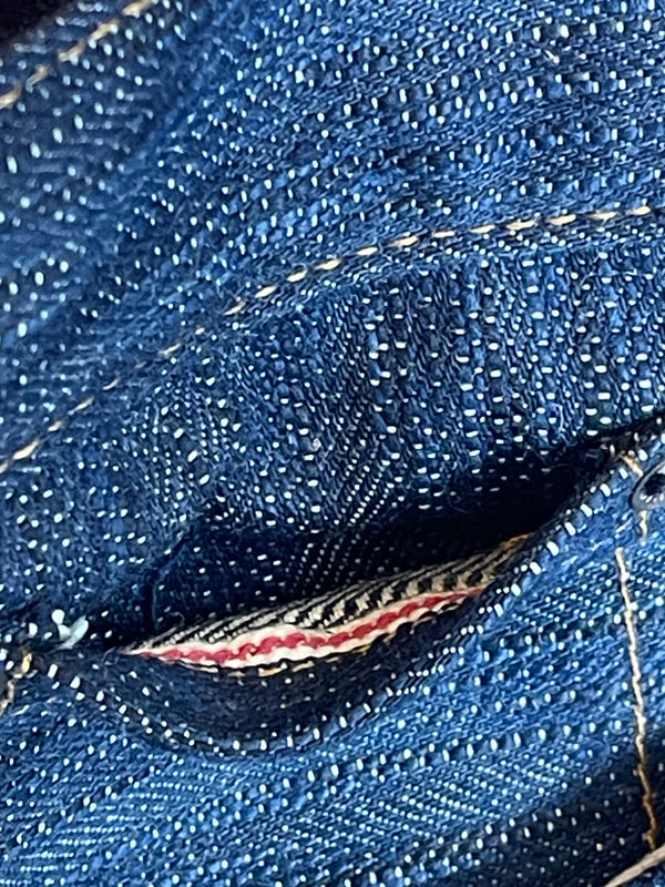 A pair of folded blue denim jeans
