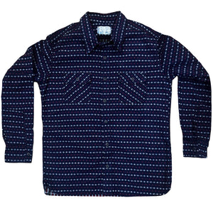 Navy blue patterned shirt on a white background