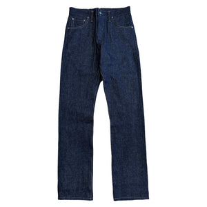 A pair of blue denim jeans with a custom green selvedge.