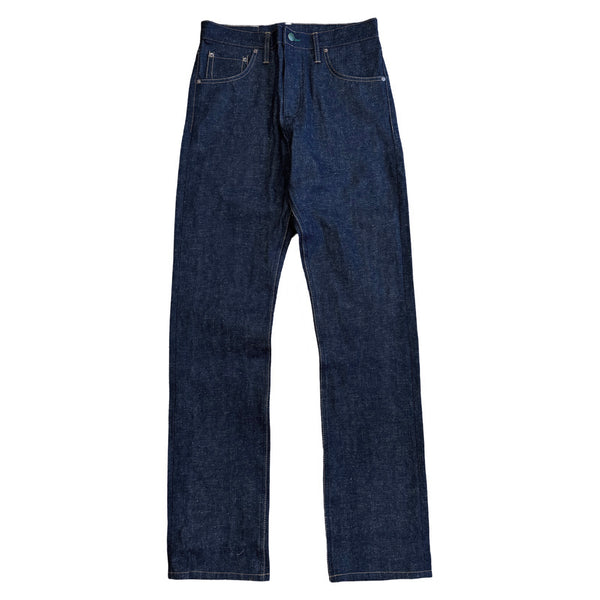 A pair of blue denim jeans with a custom green selvedge.