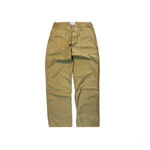 A pair of olive green utility pants laid flat against a solid white background.