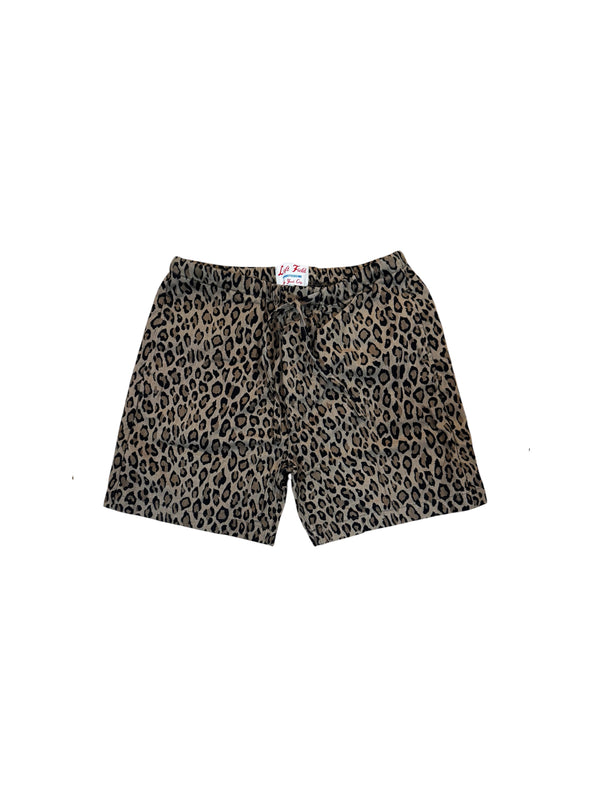 A pair of leopard print shorts with a drawstring waistband, laid flat on a white background.