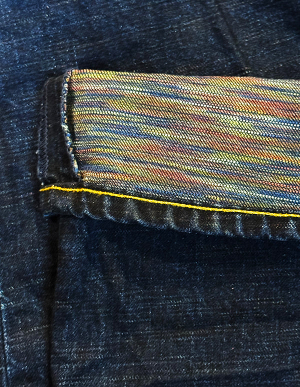 Close-up of a pocket on a dark blue denim fabric with a striped pattern.
