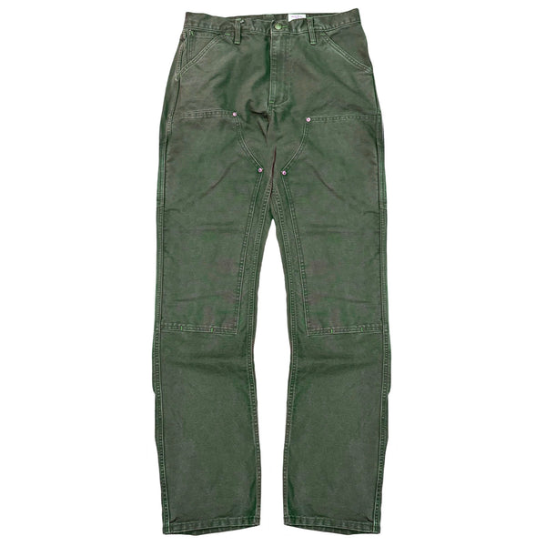 A pair of olive green vintage washed double knee work uniform chinos with pockets and rivets.