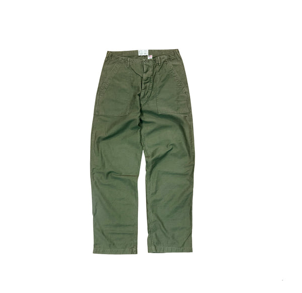 A pair of olive green cargo pants laid flat on a solid white background.