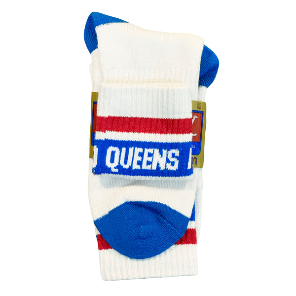 Sock with 'Queens' text on a white background
