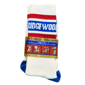 White tube sock with red and blue stripes and 'Ridge Wood' branding on a white background.