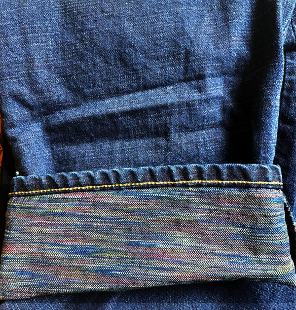 Close-up of blue denim fabric with a pocket