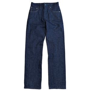A pair of blue denim jeans with pockets, button fly, and belt loops.