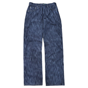 A pair of blue denim jeans with a solid pattern and no visible brand logo.