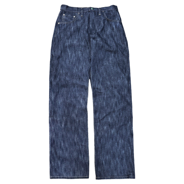 A pair of blue denim jeans with a solid pattern and no visible brand logo.