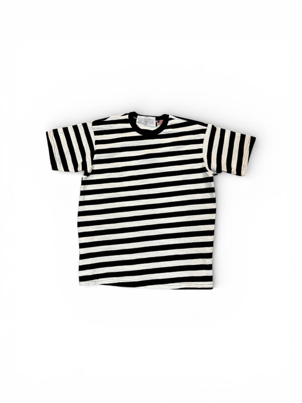 Black and white striped t-shirt on a white background