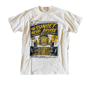White t-shirt with a graphic design sunset cruise of a vintage car and text on a white background