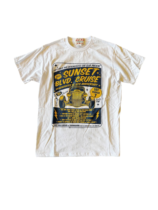 White t-shirt with a graphic design sunset cruise of a vintage car and text on a white background